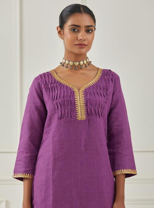 PURPLE GOTA NECK WORK LINEN KURTA