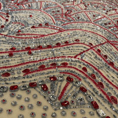 Delicate Cream  color with Handcrafted Heavy Red & Silver Beaded Applique Designer Set - AP087