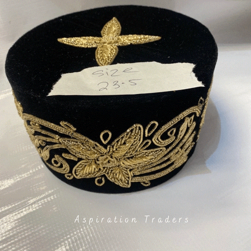 Black Hand Gold Beaded Igbo Traditional Wedding Velvet Fabric Hard Hat - AWC006