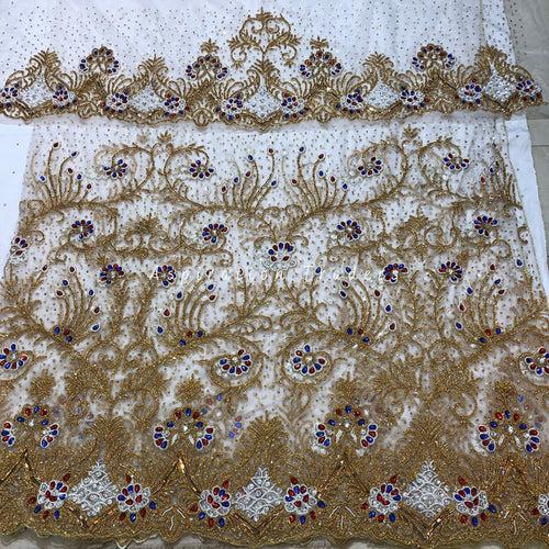 Oppulent White and Gold Heavy Beaded Designer Net Lace George wrapper Set - NLDG211