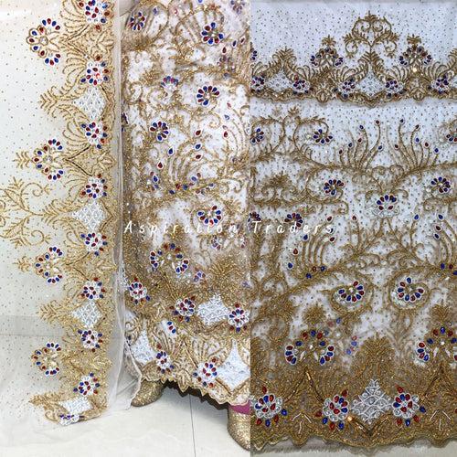 Oppulent White and Gold Heavy Beaded Designer Net Lace George wrapper Set - NLDG211