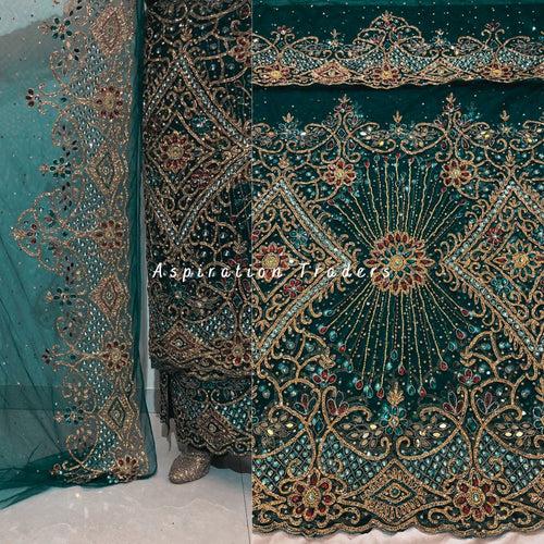 Gorgeous Teal Green Heavy Beaded NET George Wrapper set with blouse - NLDG216