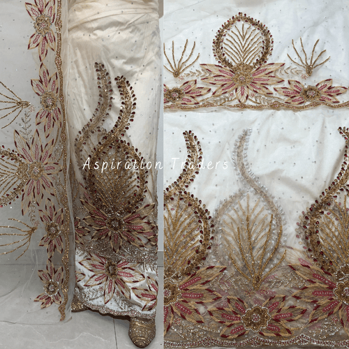 Enhancing Off White/Cream Net Lace Hand Beaded Multi color Stone Work George Wrapper set - NLDG242