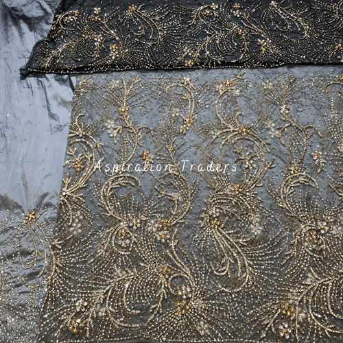 Exclusive Grey Heavy Stone Work With Black Contrast Blouse Net Lace George Wrapper Set- NLDG245