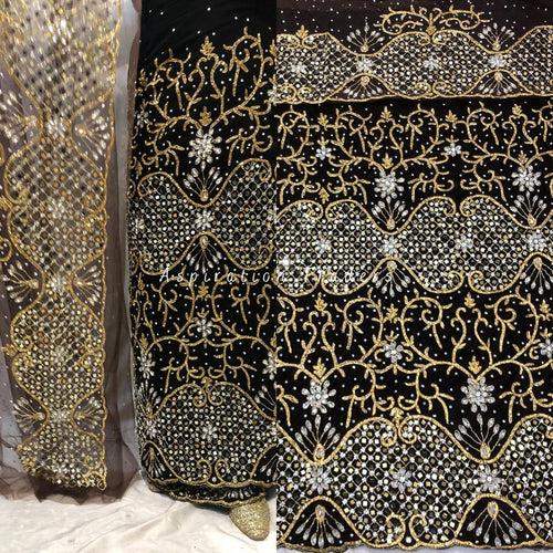 Stunning Black Velvet Heavily Beaded Nigerian George wrapper set - VG050