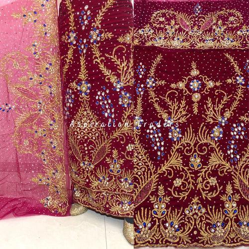 Beautiful Burgundy Velvet Fabric Heavy beaded George wrapper set - VG056