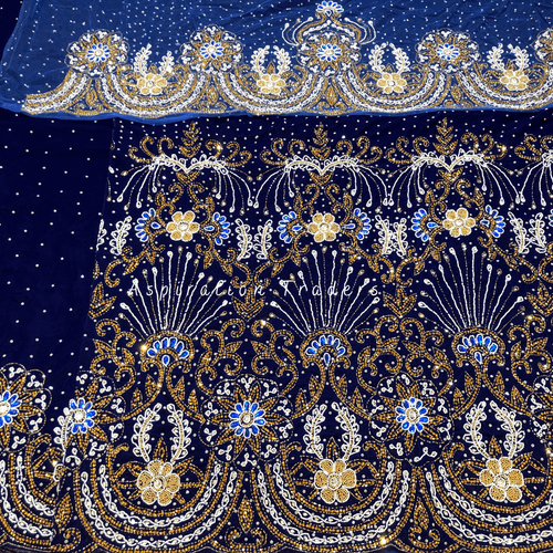 Smoky Royal Blue Velvet Fabric with Heavy Beaded & Crystal Stone George wrapper set - VG062