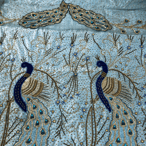 Aquatic Powder Blue Heavy Stone Work Peacock Design Velvet George Wrapper Set  - VG065