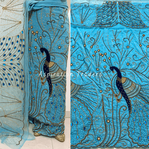 Aquatic Powder Blue Heavy Stone Work Peacock Design Velvet George Wrapper Set  - VG065