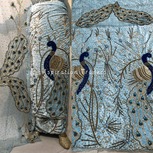 Aquatic Powder Blue Heavy Stone Work Peacock Design Velvet George Wrapper Set  - VG065