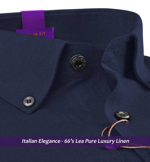 Muraco- Prussian Blue Solid Linen- Button Down- 66's Lea Pure Luxury Linen-Delivery from 19th June