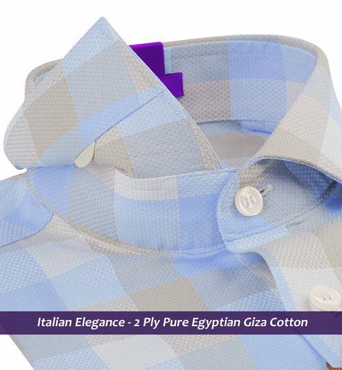 Charlotte- Beige & Cerulean Blue Check- 2 Ply Pure Egyptian Giza Cotton-Delivery from 3rd June