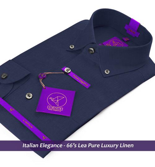 Muraco- Prussian Blue Solid Linen- Button Down- 66's Lea Pure Luxury Linen-Delivery from 19th June