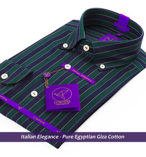 Missouri- Emerald Green & Navy Stripe- Button Down- Pure Egyptian Giza Cotton- Delivery from 10th June