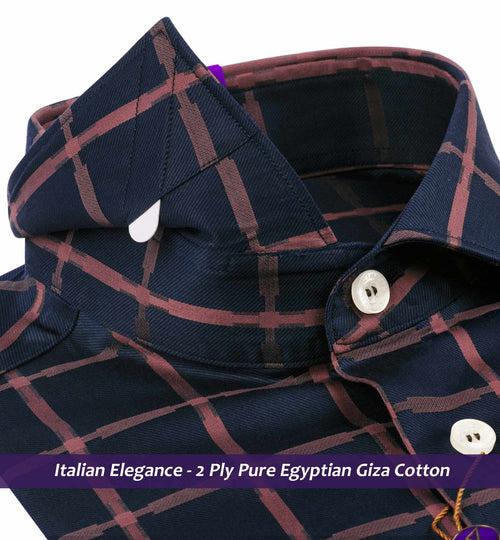 Wembley- Deep Navy & Blush Red Check- 2 Ply Pure Egyptian Giza Cotton-Delivery from 10th June