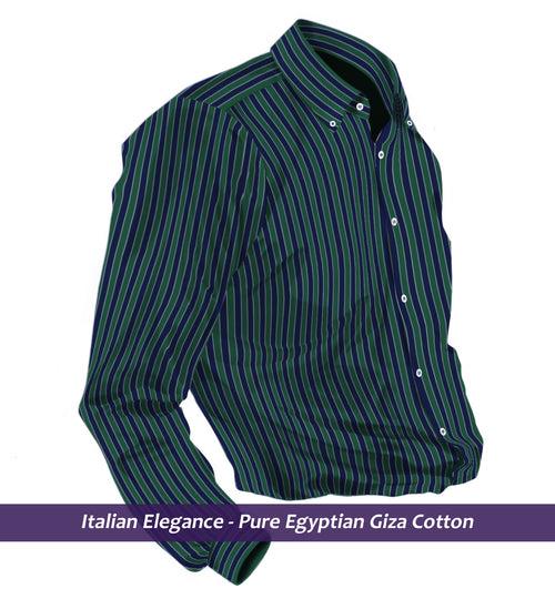 Missouri- Emerald Green & Navy Stripe- Button Down- Pure Egyptian Giza Cotton- Delivery from 10th June