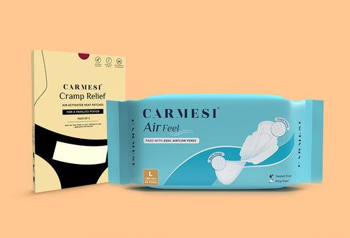 Carmesi Flow Comfort Combo | Air Feel Pads with Dual Airflow Pores (Pack of 40) + Cramp Relief Air Activared Heat Patches (Pack of 3)