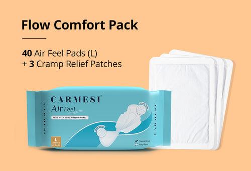 Carmesi Flow Comfort Combo | Air Feel Pads with Dual Airflow Pores (Pack of 40) + Cramp Relief Air Activared Heat Patches (Pack of 3)