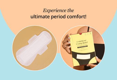 Carmesi Flow Comfort Combo | Air Feel Pads with Dual Airflow Pores (Pack of 40) + Cramp Relief Air Activared Heat Patches (Pack of 3)