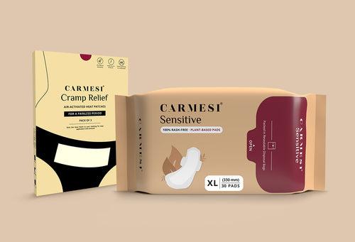 Carmesi Easy Flow Combo - Sensitive Sanitary Pads Pack of 30 + Period Cramp Relief Air Activated Heat Patches | Herbal Pain Relief Patches - (Pack of 3)