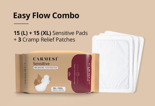 Carmesi Easy Flow Combo - Sensitive Sanitary Pads Pack of 30 + Period Cramp Relief Air Activated Heat Patches | Herbal Pain Relief Patches - (Pack of 3)