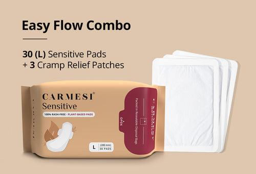 Carmesi Easy Flow Combo - Sensitive Sanitary Pads Pack of 30 + Period Cramp Relief Air Activated Heat Patches | Herbal Pain Relief Patches - (Pack of 3)