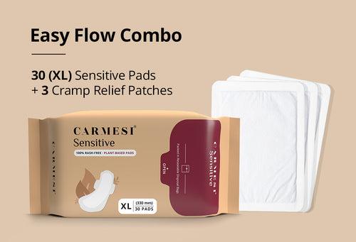 Carmesi Easy Flow Combo - Sensitive Sanitary Pads Pack of 30 + Period Cramp Relief Air Activated Heat Patches | Herbal Pain Relief Patches - (Pack of 3)