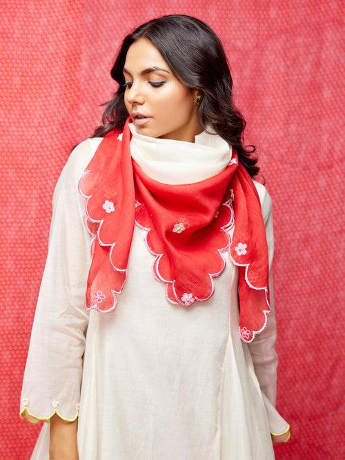 Rose Ivory and Red Tie and Dye Scallop Scarf