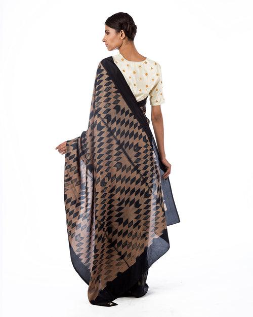 Beige Black Kilim Shibori Saree Set