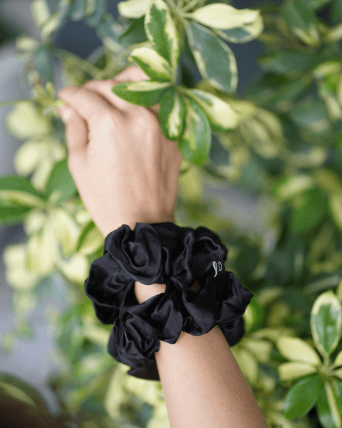 Noir Black Large Pure Silk Scrunchies (Set of two)