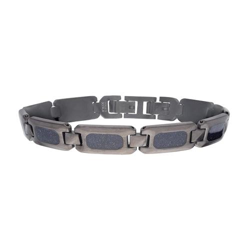 Gunmetal Silver Tone Stainless Steel Matte Finish with Genuine Blue Sandstone Inlay Link Bracelet