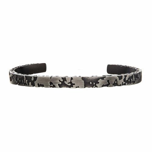 Silver Tone Stainless Steel and Black Gunmetal Matte Finish Terra Pattern Cuff