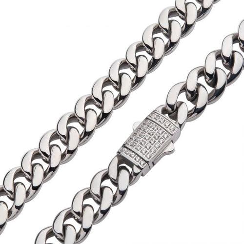 Silver Tone Stainless Steel 8mm Miami Cuban with CZ Double Tab Box Clasp Chain