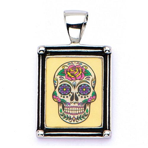 Silver Tone Stainless Steel Enamel Vibrant Tattooed Skull Frame Pendant