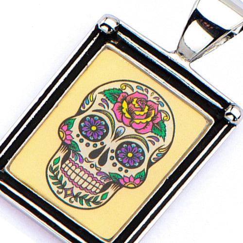 Silver Tone Stainless Steel Enamel Vibrant Tattooed Skull Frame Pendant