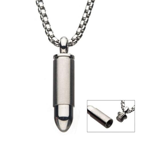 Silver Tone Stainless Steel Memorial Bullet Pendant with Box Chain