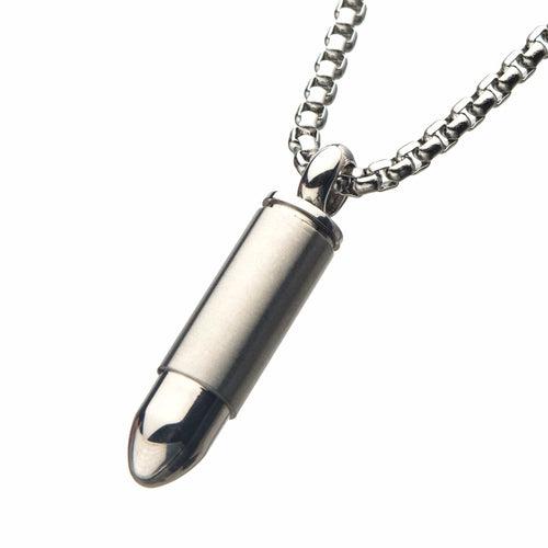 Silver Tone Stainless Steel Memorial Bullet Pendant with Box Chain