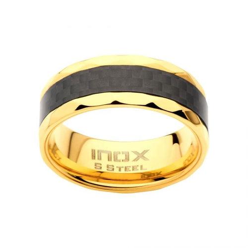 18K Gold Plated 8mm Carbon Fiber Faceted Comfort Fit Ring
