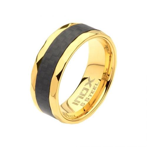 18K Gold Plated 8mm Carbon Fiber Faceted Comfort Fit Ring