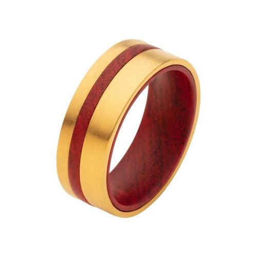 18K Gold Plated Stainless Steel with Redwood Inlay Ring