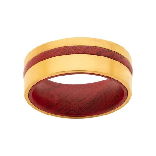 18K Gold Plated Stainless Steel with Redwood Inlay Ring