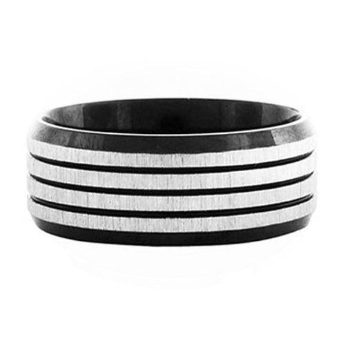 Black and Silver Tone Stainless Steel Quadruple Horizontal Stripe Ring