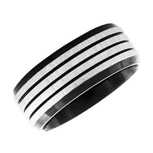 Black and Silver Tone Stainless Steel Quadruple Horizontal Stripe Ring