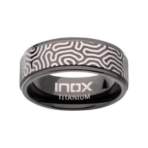 Black and Silver Tone Titanium Brain Coral Pattern Comfort Fit Ring