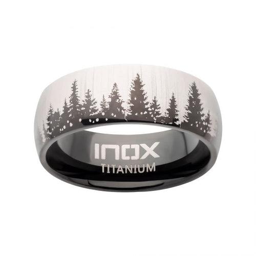 Black and Silver Tone Titanium Evergreen Forest Treeline Design Comfort Fit Ring