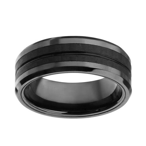 Black Stainless Steel Zero Gravity Collection Double Line Solid Carbon Fiber Band Ring