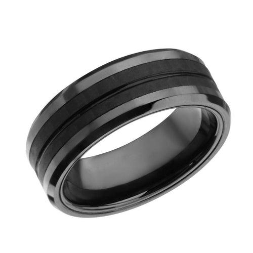 Black Stainless Steel Zero Gravity Collection Double Line Solid Carbon Fiber Band Ring