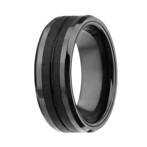 Black Stainless Steel Zero Gravity Collection Double Line Solid Carbon Fiber Band Ring