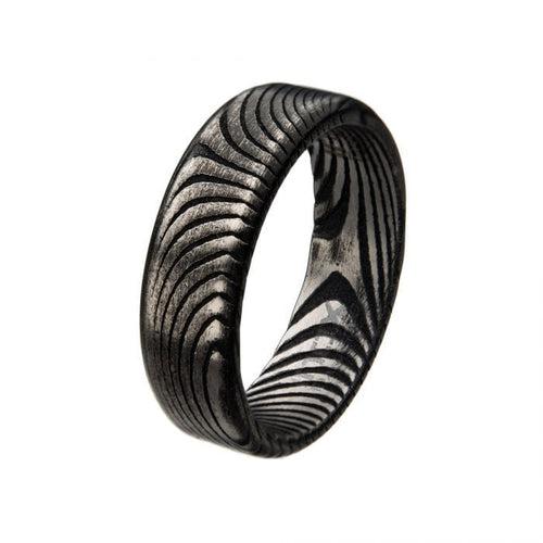 Damascus Steel Black and Silver Tone 7mm Band Ring