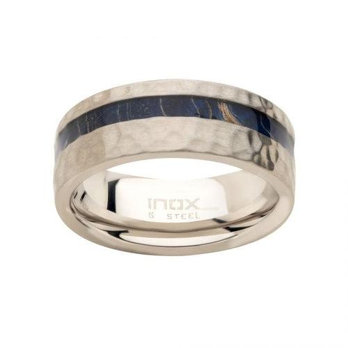 Silver Tone Stainless Steel with Blue Dyed Wood Inlay Band Ring